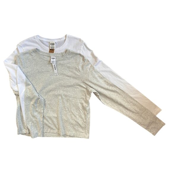 Pink Victoria's Secret Cotton 2 Long Sleeve Crew Neck Mid-Length Gray White L - Picture 3 of 13